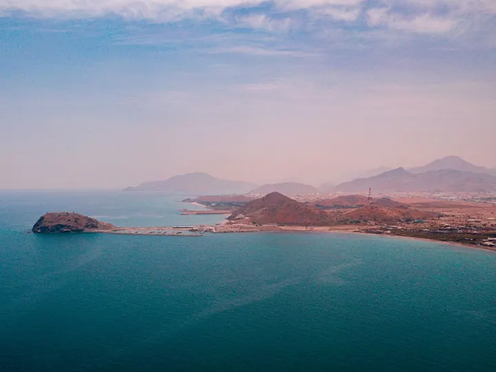 Aerial view of the coast and mountains at Al Bidya, Fujairah