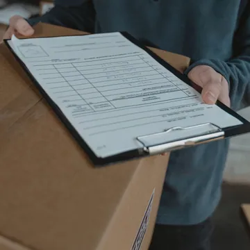 Person holding a shipping checklist over a parcel